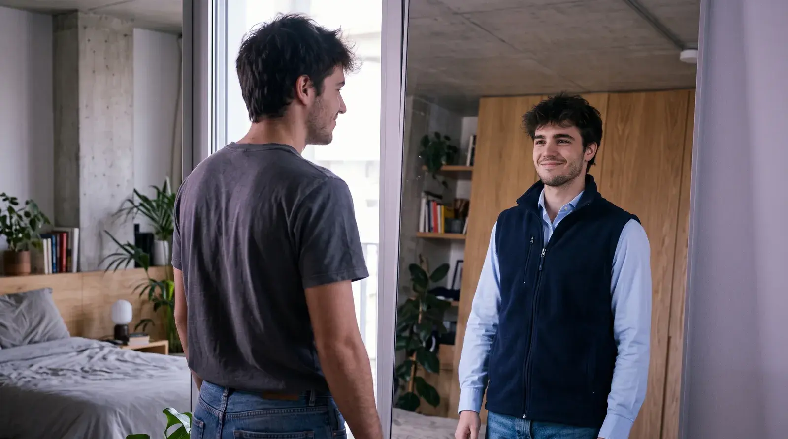 Un chico joven con camiseta mira su reflejo en el cristal y lo que le devuelve es la versión «finance bro» de sí mismo, con chaleco acolchado y camisa.