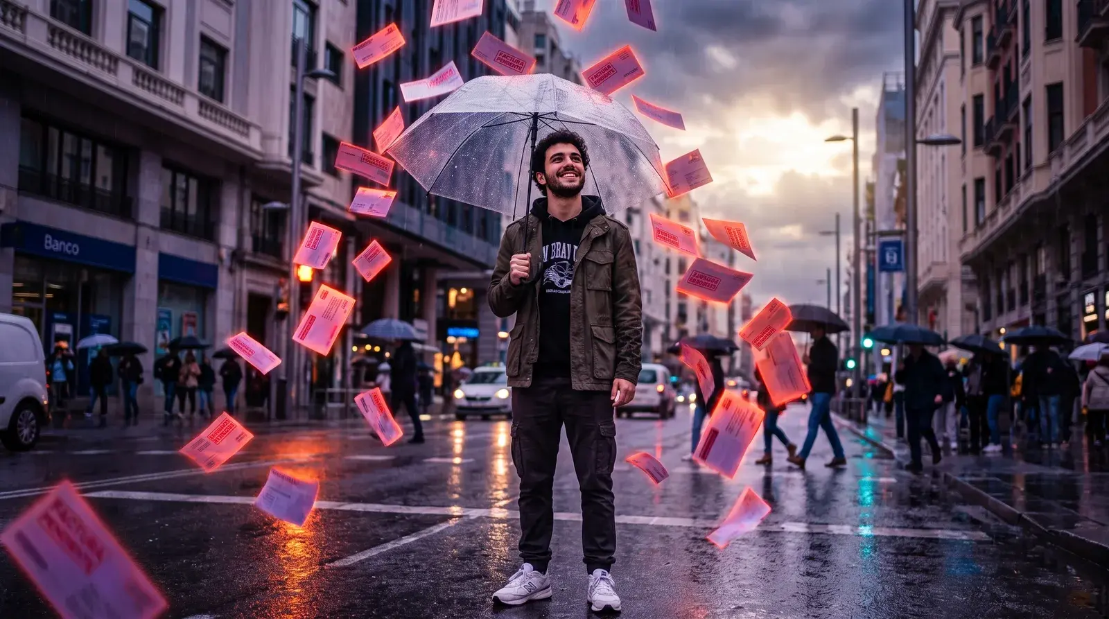 Un chico joven con un paraguas transparente en una calle de Madrid bajo la lluvia, rodeado de billetes que caen del cielo.