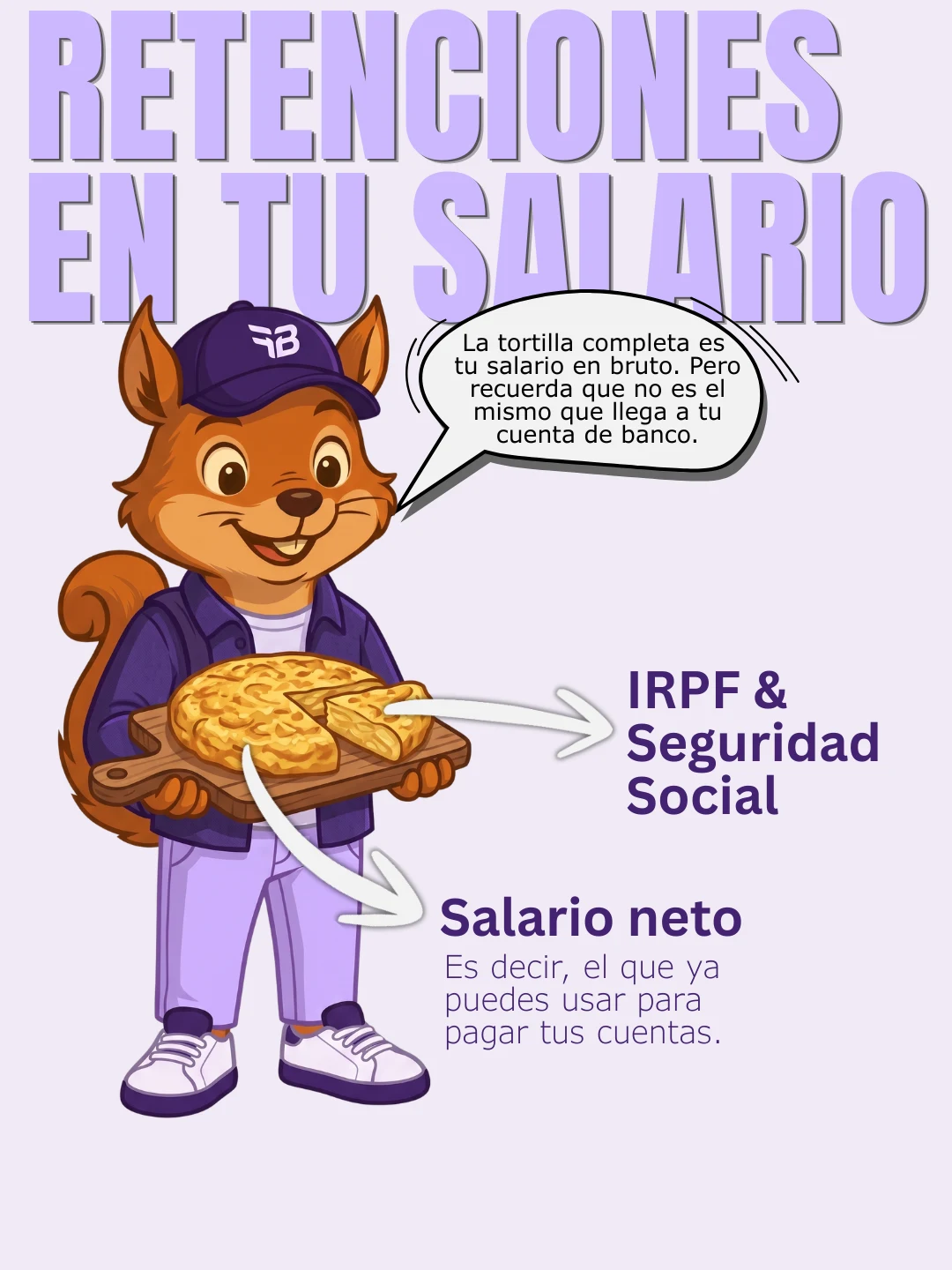 Brocito sostiene una tabla con una tortilla entera a la que le falta una porción. La tortilla completa representa el salario bruto; la porción que falta, el IRPF y la Seguridad Social; y lo que queda en la tabla, el salario neto.