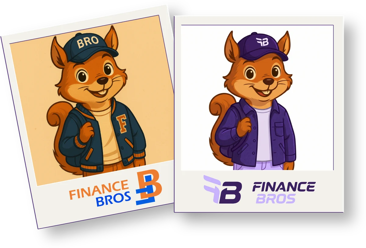 Dos ilustraciones de Brocito en formato polaroid, una con el logo antiguo de Finance Bros y otra con el nuevo, enseñando el cambio de identidad visual.